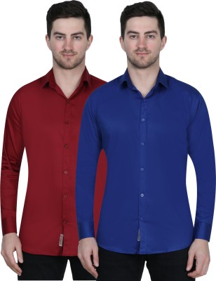 Platinum Fashion Men Solid Casual Maroon, Blue Shirt(Pack of 2)