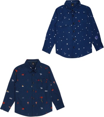 Aadhvi Boys Printed Casual Dark Blue Shirt(Pack of 2)