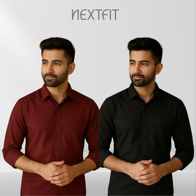 Nextfit Men Solid Casual Black, Maroon Shirt(Pack of 2)