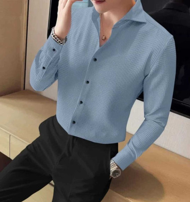 Wearich Men Self Design Casual Blue Shirt