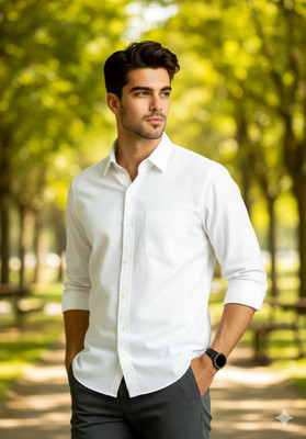 uth republic Men Solid Casual White Shirt