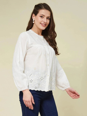 J TURRITOPSIS Women Embroidered Casual White Shirt