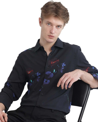 RARE RABBIT Men Floral Print Casual Dark Blue Shirt