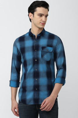 PETER ENGLAND Men Checkered Casual Blue, Dark Blue Shirt