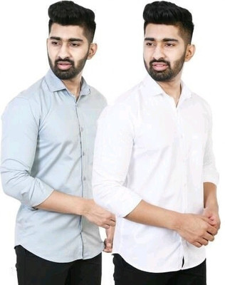 SilverBuck Men Solid Casual White, Grey Shirt(Pack of 2)