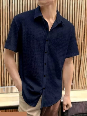 MUMIN Men Self Design Casual Dark Blue Shirt
