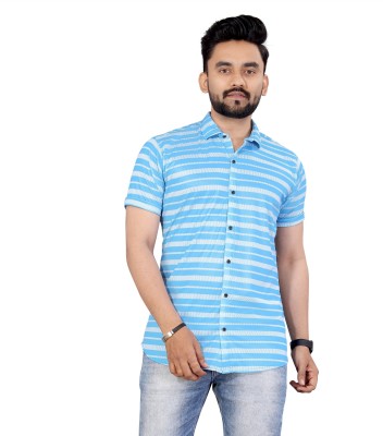 BONDEYE FASHION Men Striped Casual Light Blue, White Shirt