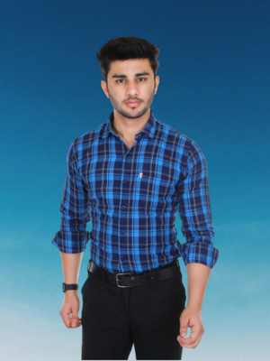 Marc Laurent Men Checkered Formal Dark Blue, Light Blue, Yellow Shirt
