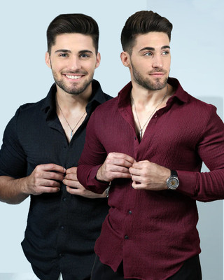 Marmic Fab Men Solid Casual Maroon, Black Shirt(Pack of 2)