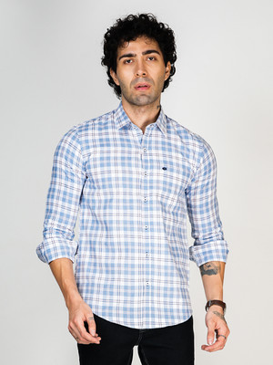 Allen Cooper Men Checkered Casual Blue Shirt