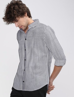 ISUEL FAB Men Striped Casual Grey, White Shirt