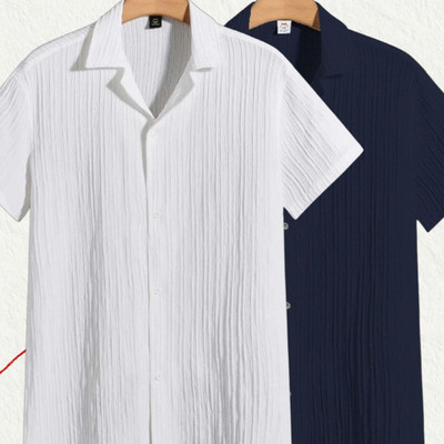 Looksky Men Self Design Casual White, Dark Blue Shirt(Pack of 2)