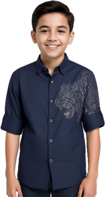 Charchit Boys Animal Print Casual Dark Blue Shirt