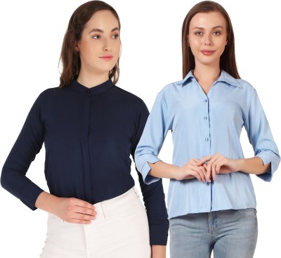 HEAVENS CREATIONS Women Solid Formal Dark Blue, Light Blue Shirt(Pack of 2)