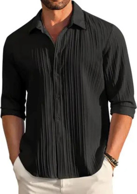 Voroxy Men Self Design Casual Black Shirt