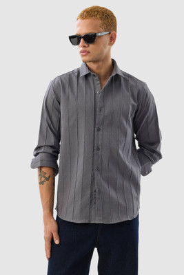 Snitch Men Striped Casual Grey Shirt