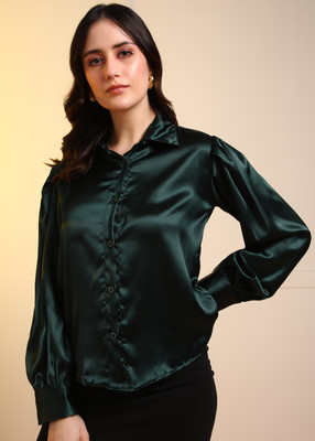 Ann Springs Women Solid Casual Dark Green Shirt