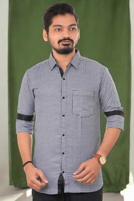 PUBHIZA Men Checkered Casual Dark Blue Shirt