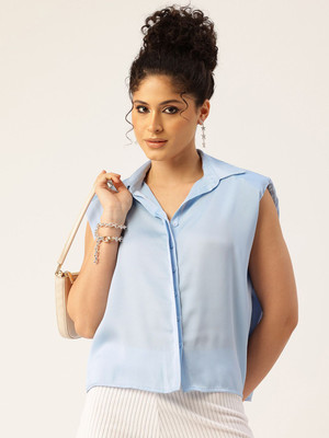 bebe Women Solid Casual Blue Shirt