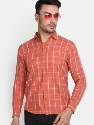 V-MART Men Checkered Casual Orange Shirt