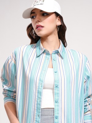 Tokyo Talkies Women Striped Casual Blue, White Shirt