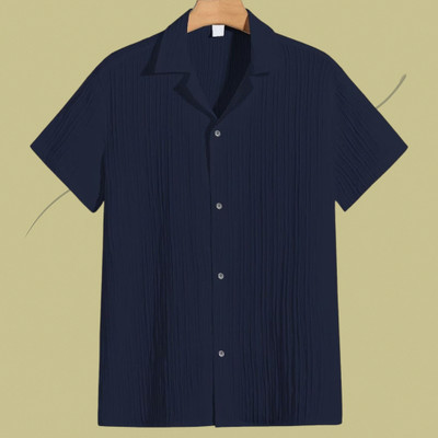 Looksky Men Self Design Casual Dark Blue Shirt