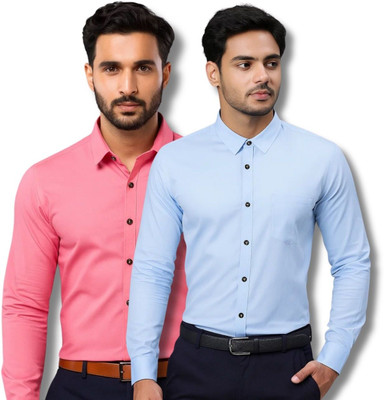 VIMASUTI Men Solid Casual Pink, Light Blue Shirt(Pack of 2)