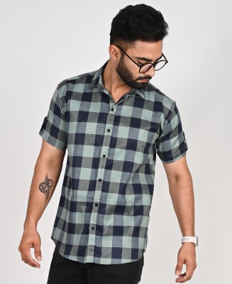 BLEZZA Men Checkered Casual Green Shirt