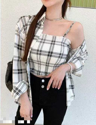 rida creation Women Checkered Casual White, Black Shirt