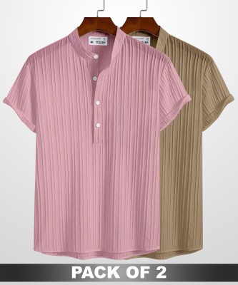 WOXEN Men Striped Casual Pink, Brown Shirt(Pack of 2)