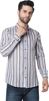 Varni Creation Men Striped Casual White, Beige, Black Shirt