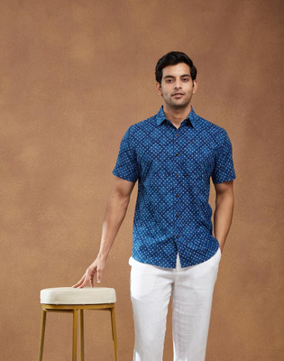 Fabindia Men Printed Casual Blue Shirt