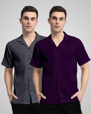 VK Couture Men Self Design, Striped Casual Grey, Purple Shirt(Pack of 2)