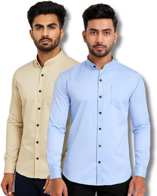 RAREMARK Men Solid Casual Beige, Light Blue Shirt(Pack of 2)