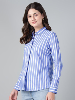 Hancock Women Striped Casual Blue, White Shirt