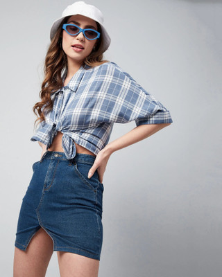Chimpaaanzee Women Checkered Casual Blue Shirt