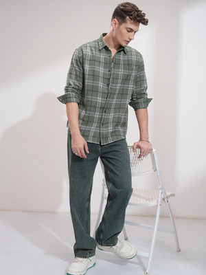 HIGHLANDER Men Checkered Casual Green Shirt