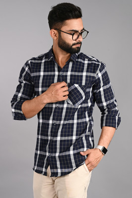 FUBAR Men Checkered Casual Blue Shirt
