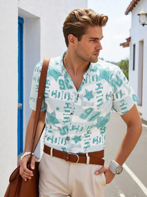 CODOBSER Men Printed Casual White, Light Green Shirt