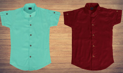 Kuwarshah Boys Solid Casual Light Green, Maroon Shirt(Pack of 2)