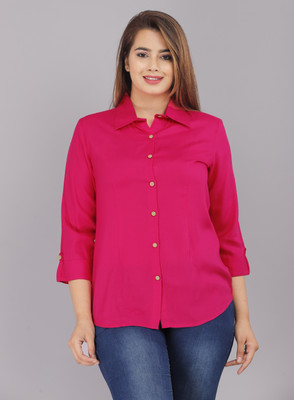 Demirner Women Solid Casual Pink Shirt
