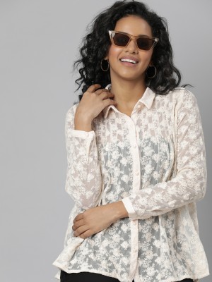 Showoff Women Embroidered Casual Cream Shirt