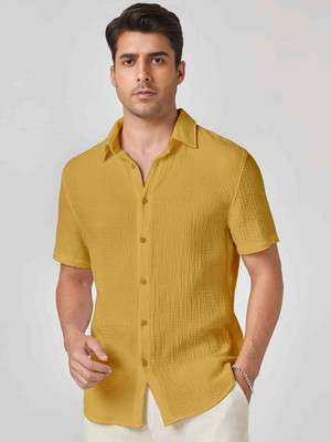 VODPROS Men Self Design Casual Yellow Shirt