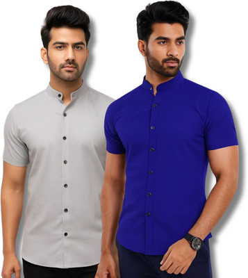 GOD HEART Men Solid Casual Grey, Dark Blue Shirt(Pack of 2)