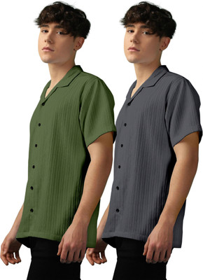 OXXOM Men Self Design, Striped Casual Green, Grey Shirt(Pack of 2)