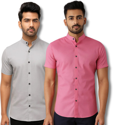 CROWNTAIL Men Solid Casual Grey, Pink Shirt(Pack of 2)