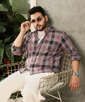 Instafab Plus Men Checkered Casual Brown Shirt