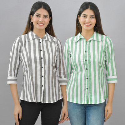 QuaClo Women Striped Casual Grey, Light Green Shirt(Pack of 2)