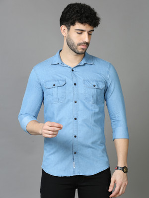 ZHAO Men Washed Casual Blue Shirt