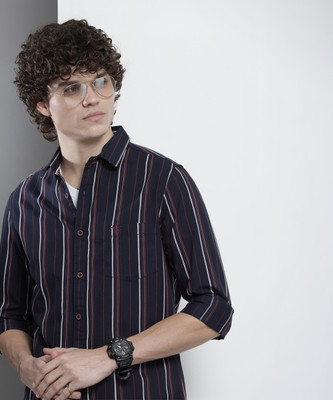 The Indian Garage Co. Men Striped Casual Dark Blue Shirt